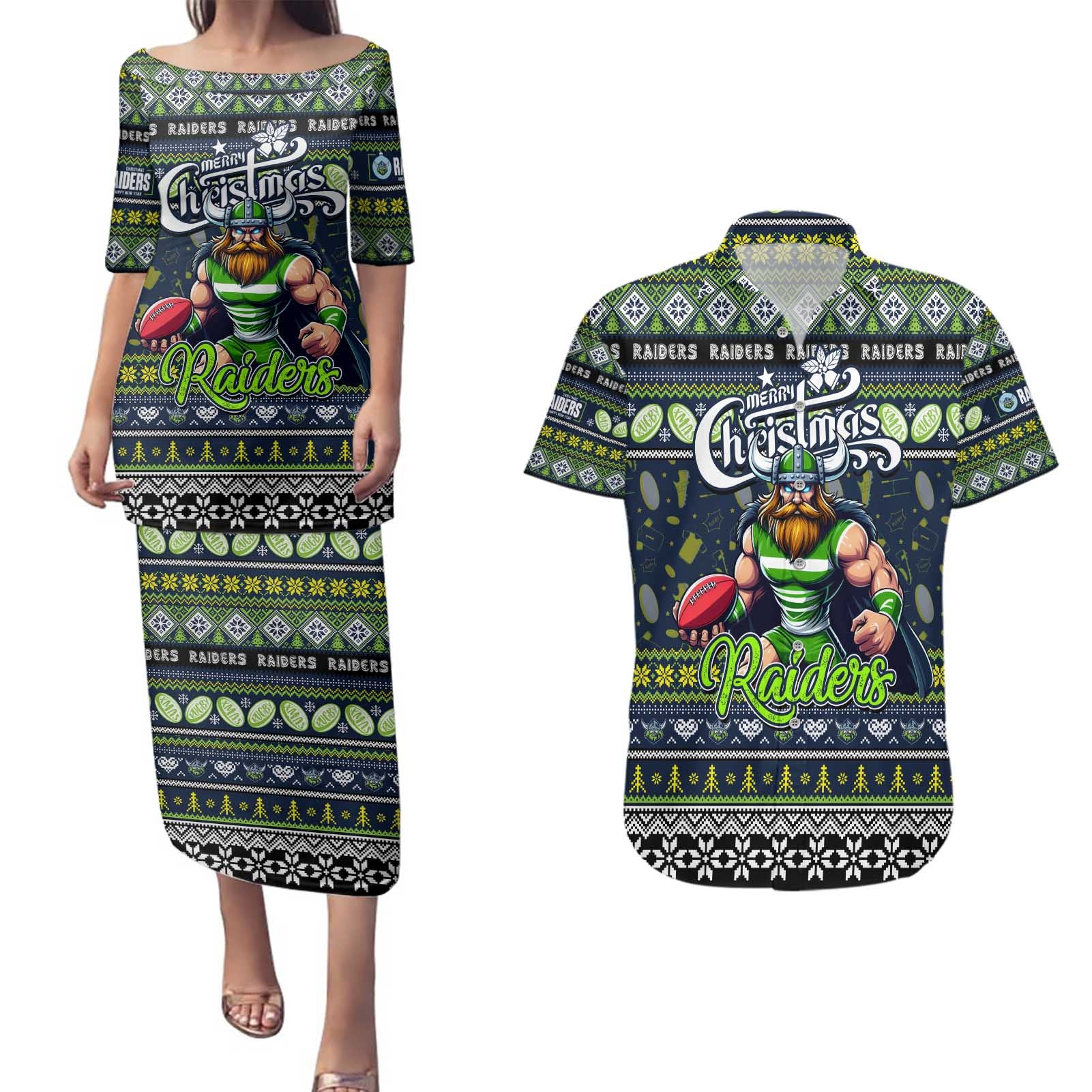 Personalized Raiders Rugby Xmas Couples Matching Puletasi and Hawaiian Shirt Australia NRL Mascot