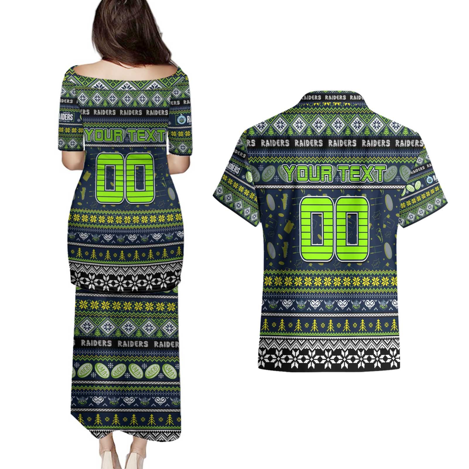 Personalized Raiders Rugby Xmas Couples Matching Puletasi and Hawaiian Shirt Australia NRL Mascot
