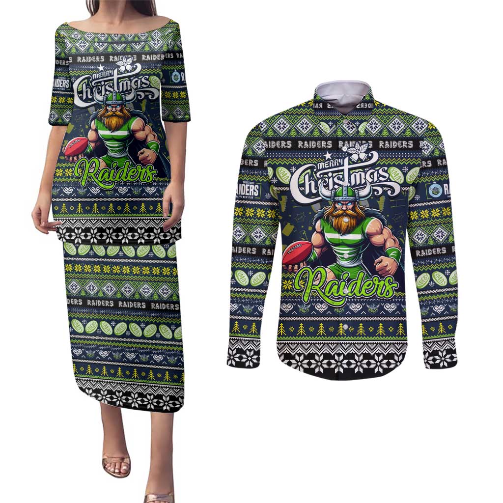 Personalized Raiders Rugby Xmas Couples Matching Puletasi and Long Sleeve Button Shirt Australia NRL Mascot