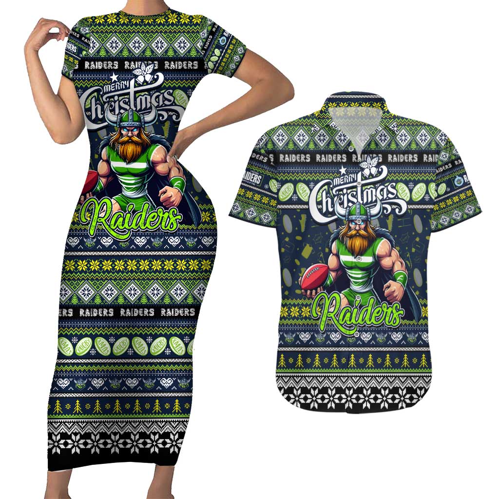 Personalized Raiders Rugby Xmas Couples Matching Short Sleeve Bodycon Dress and Hawaiian Shirt Australia NRL Mascot