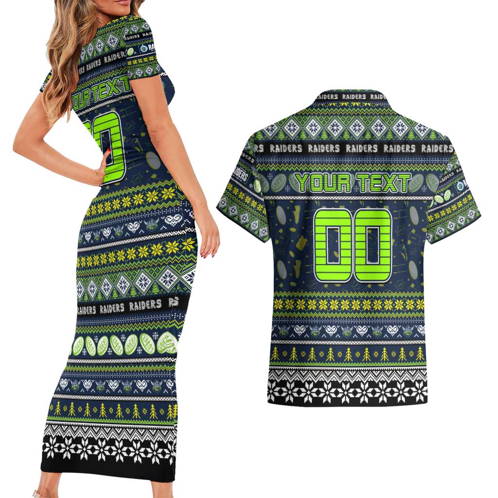 Personalized Raiders Rugby Xmas Couples Matching Short Sleeve Bodycon Dress and Hawaiian Shirt Australia NRL Mascot