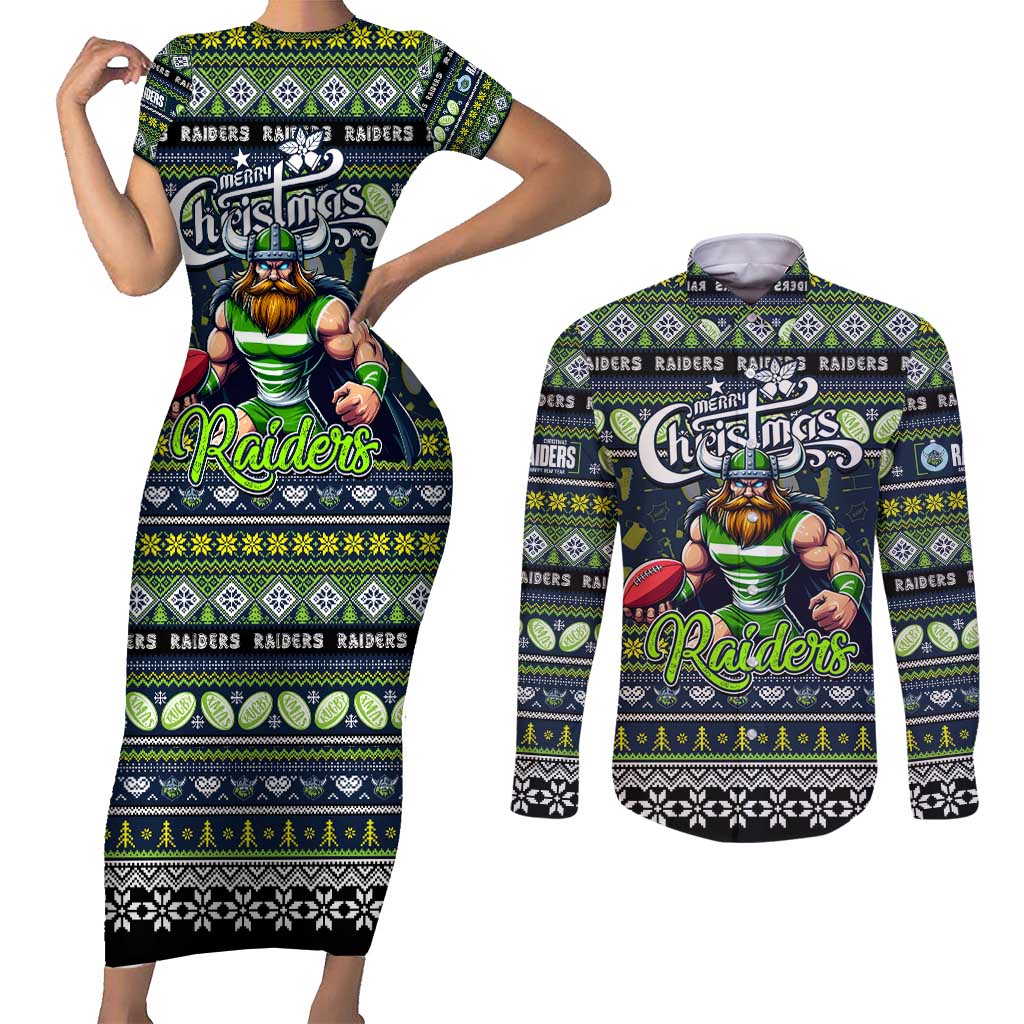 Personalized Raiders Rugby Xmas Couples Matching Short Sleeve Bodycon Dress and Long Sleeve Button Shirt Australia NRL Mascot