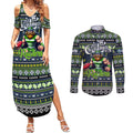 Personalized Raiders Rugby Xmas Couples Matching Summer Maxi Dress and Long Sleeve Button Shirt Australia NRL Mascot