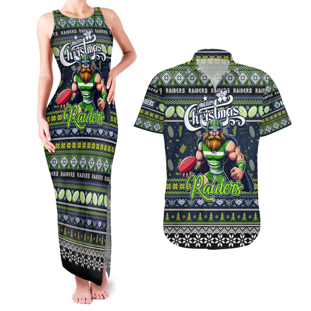Personalized Raiders Rugby Xmas Couples Matching Tank Maxi Dress and Hawaiian Shirt Australia NRL Mascot