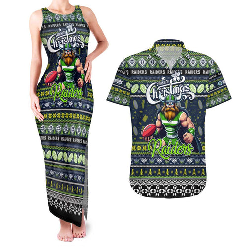 Personalized Raiders Rugby Xmas Couples Matching Tank Maxi Dress and Hawaiian Shirt Australia NRL Mascot