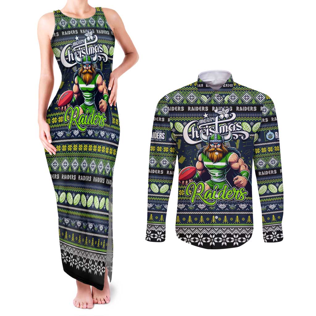 Personalized Raiders Rugby Xmas Couples Matching Tank Maxi Dress and Long Sleeve Button Shirt Australia NRL Mascot