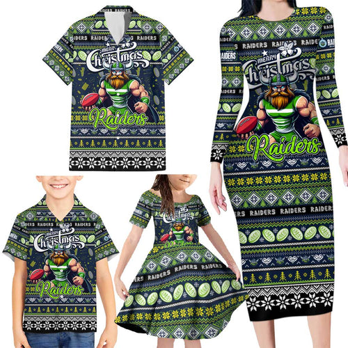 Personalized Raiders Rugby Xmas Family Matching Long Sleeve Bodycon Dress and Hawaiian Shirt Australia NRL Mascot