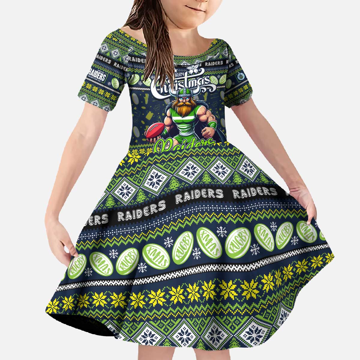 Personalized Raiders Rugby Xmas Family Matching Off The Shoulder Long Sleeve Dress and Hawaiian Shirt Australia NRL Mascot