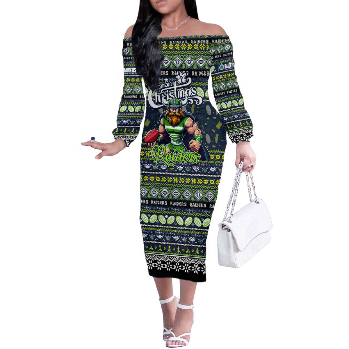 Personalized Raiders Rugby Xmas Family Matching Off The Shoulder Long Sleeve Dress and Hawaiian Shirt Australia NRL Mascot