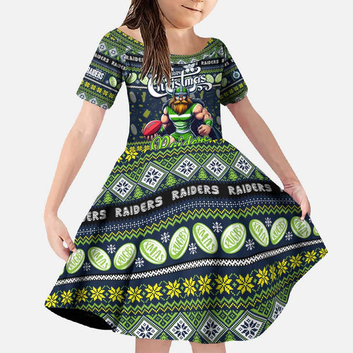 Personalized Raiders Rugby Xmas Family Matching Off Shoulder Maxi Dress and Hawaiian Shirt Australia NRL Mascot