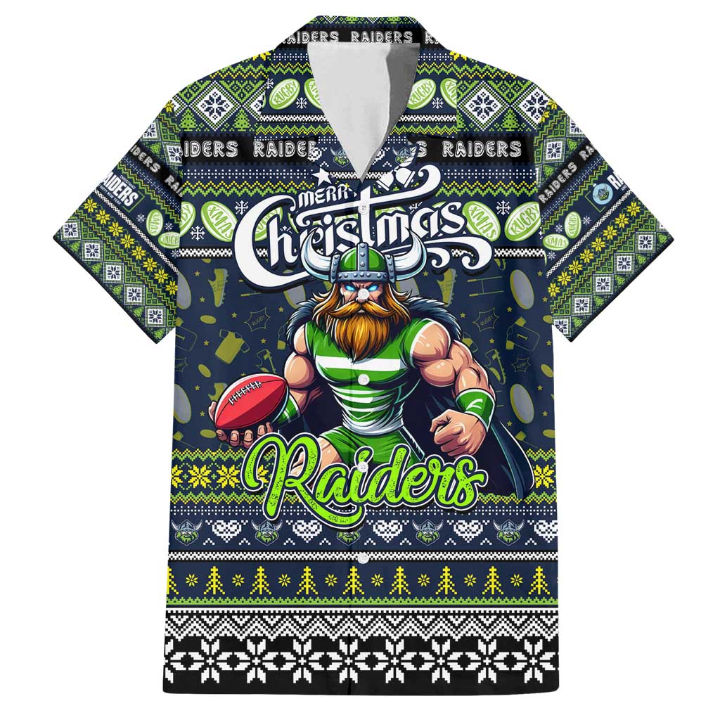Personalized Raiders Rugby Xmas Family Matching Off Shoulder Maxi Dress and Hawaiian Shirt Australia NRL Mascot