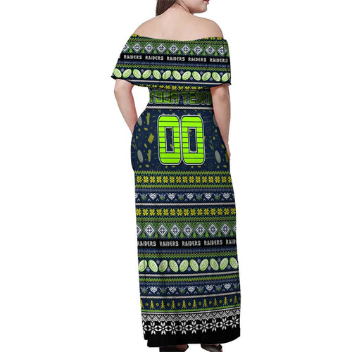 Personalized Raiders Rugby Xmas Family Matching Off Shoulder Maxi Dress and Hawaiian Shirt Australia NRL Mascot