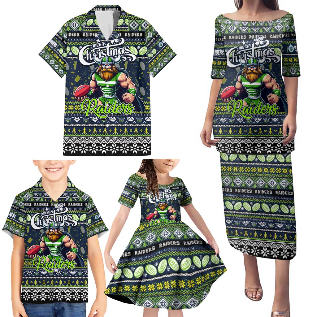 Personalized Raiders Rugby Xmas Family Matching Puletasi and Hawaiian Shirt Australia NRL Mascot