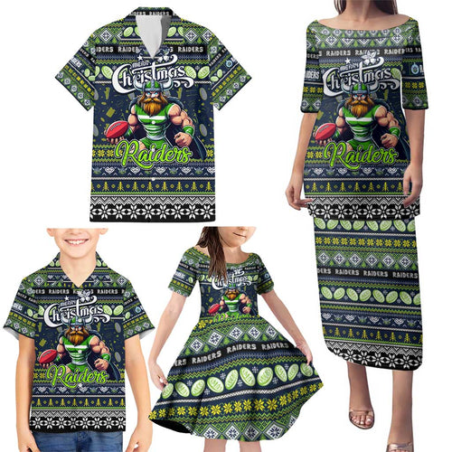 Personalized Raiders Rugby Xmas Family Matching Puletasi and Hawaiian Shirt Australia NRL Mascot