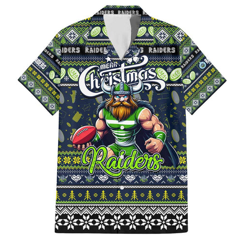 Personalized Raiders Rugby Xmas Family Matching Short Sleeve Bodycon Dress and Hawaiian Shirt Australia NRL Mascot