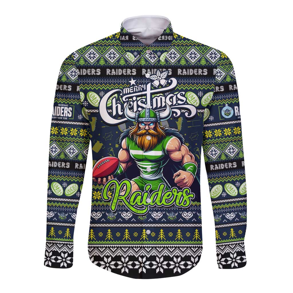 Personalized Raiders Rugby Xmas Long Sleeve Button Shirt Australia NRL Mascot