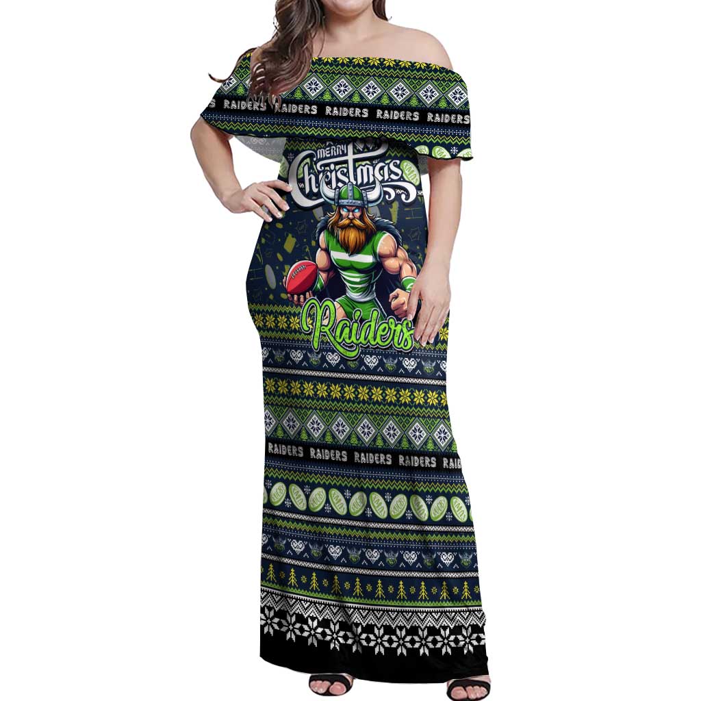 Personalized Raiders Rugby Xmas Off Shoulder Maxi Dress Australia NRL Mascot