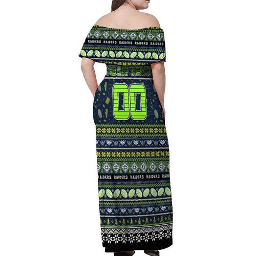 Personalized Raiders Rugby Xmas Off Shoulder Maxi Dress Australia NRL Mascot