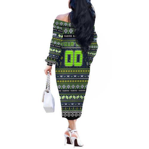 Personalized Raiders Rugby Xmas Off The Shoulder Long Sleeve Dress Australia NRL Mascot