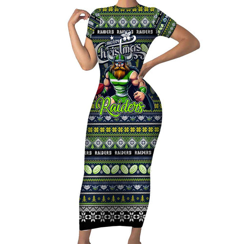 Personalized Raiders Rugby Xmas Short Sleeve Bodycon Dress Australia NRL Mascot