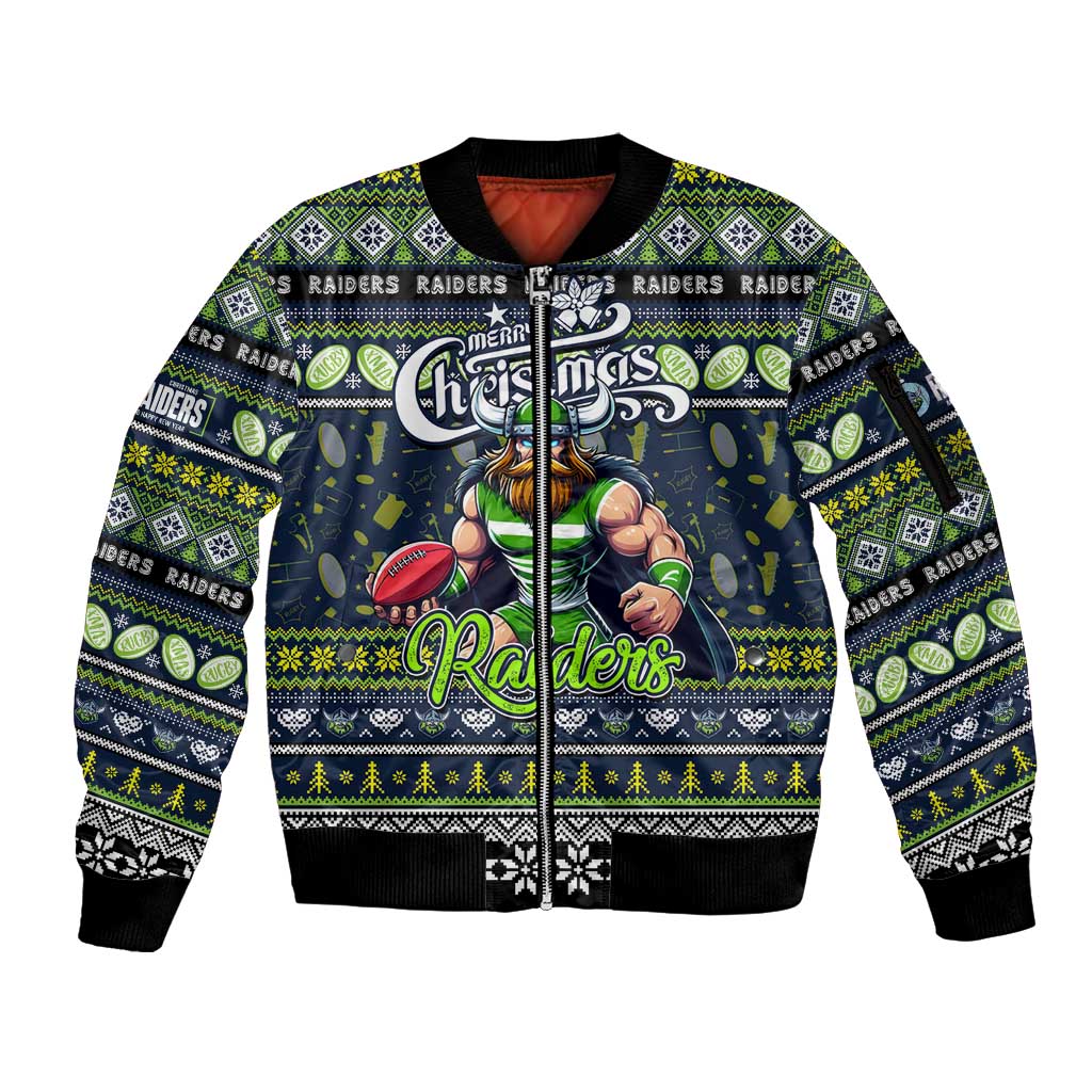 Personalized Raiders Rugby Xmas Sleeve Zip Bomber Jacket Australia NRL Mascot