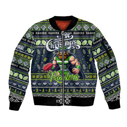 Personalized Raiders Rugby Xmas Sleeve Zip Bomber Jacket Australia NRL Mascot