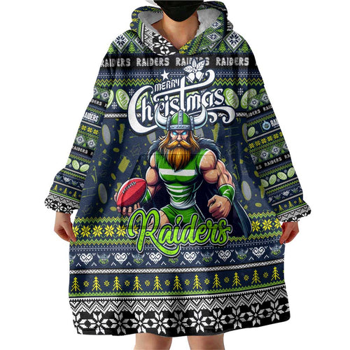 Personalized Raiders Rugby Xmas Wearable Blanket Hoodie Australia NRL Mascot