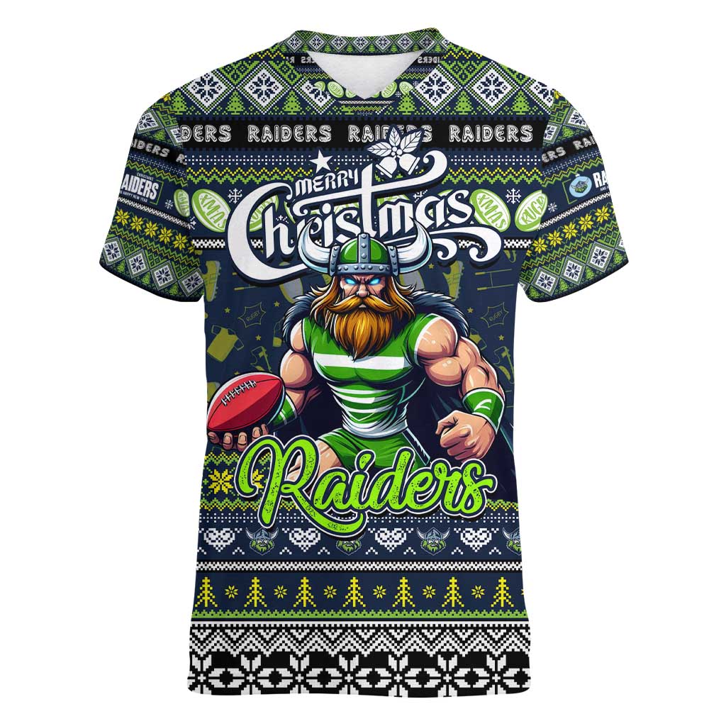 Personalized Raiders Rugby Xmas Women V-Neck T-Shirt Australia NRL Mascot