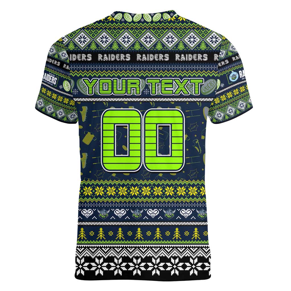 Personalized Raiders Rugby Xmas Women V-Neck T-Shirt Australia NRL Mascot