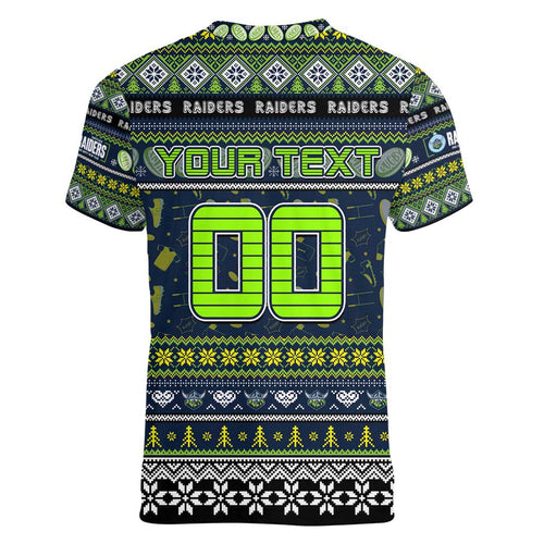 Personalized Raiders Rugby Xmas Women V-Neck T-Shirt Australia NRL Mascot