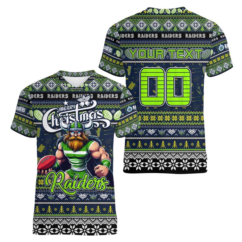 Personalized Raiders Rugby Xmas Women V-Neck T-Shirt Australia NRL Mascot