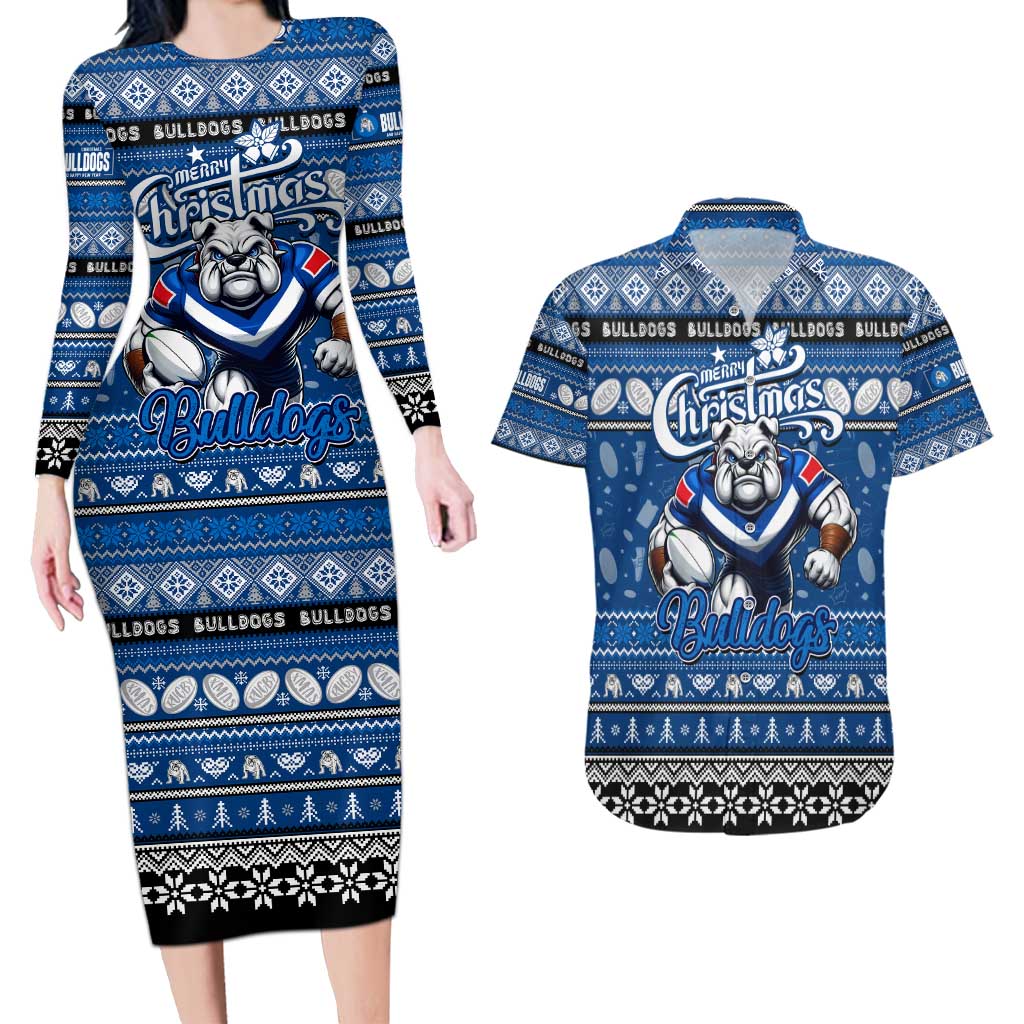 Personalized Bulldogs Rugby Xmas Couples Matching Long Sleeve Bodycon Dress and Hawaiian Shirt Australia NRL Mascot