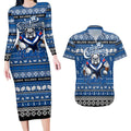 Personalized Bulldogs Rugby Xmas Couples Matching Long Sleeve Bodycon Dress and Hawaiian Shirt Australia NRL Mascot