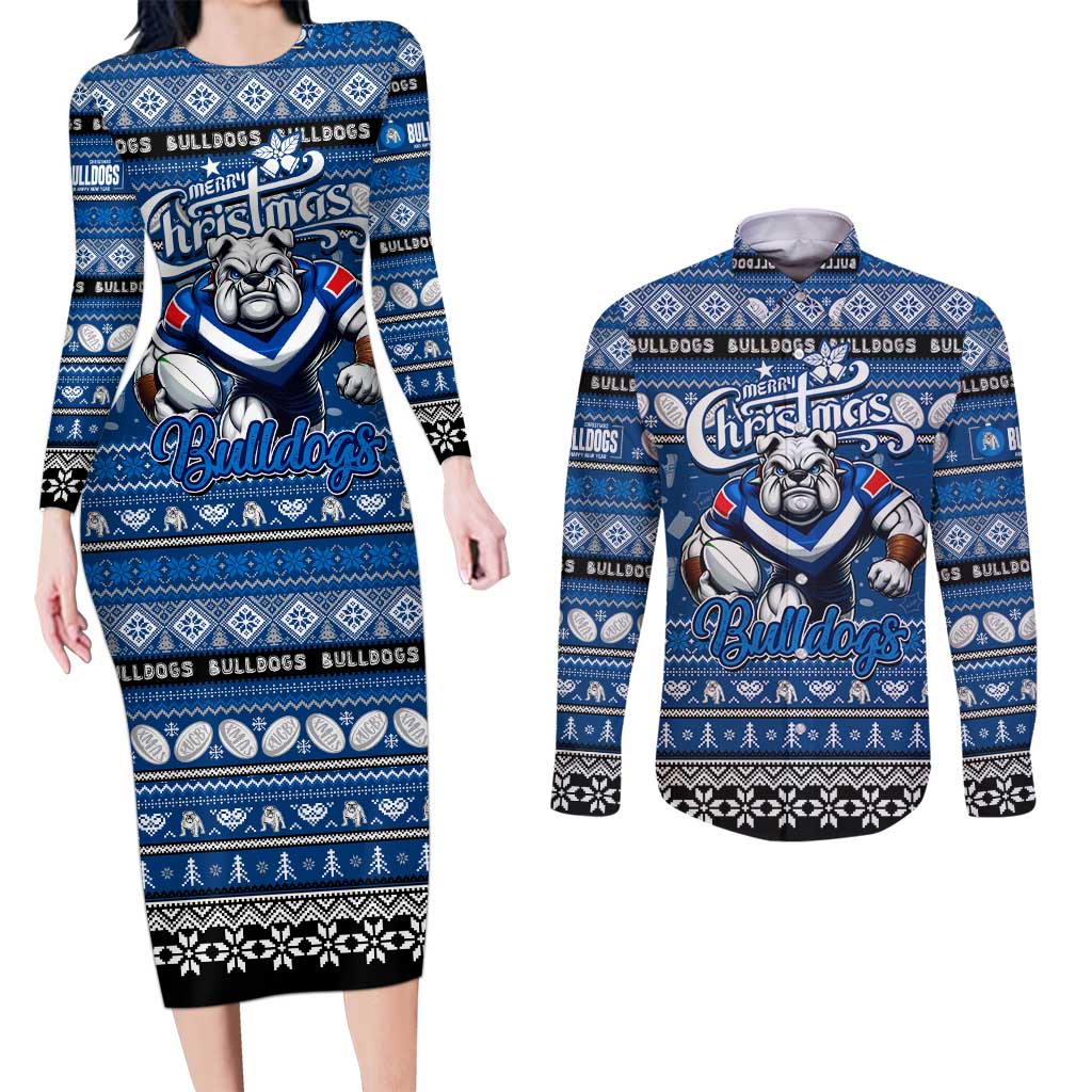Personalized Bulldogs Rugby Xmas Couples Matching Long Sleeve Bodycon Dress and Long Sleeve Button Shirt Australia NRL Mascot