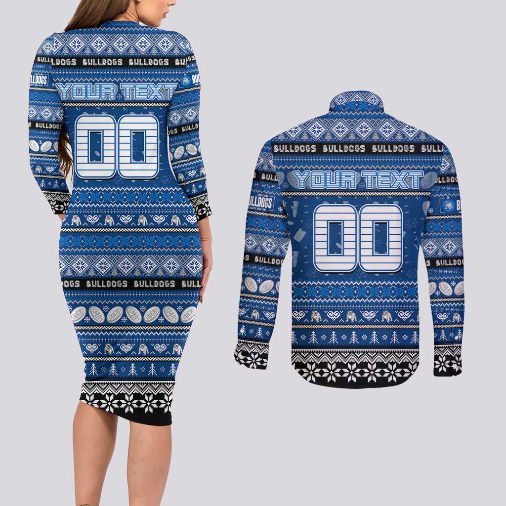 Personalized Bulldogs Rugby Xmas Couples Matching Long Sleeve Bodycon Dress and Long Sleeve Button Shirt Australia NRL Mascot