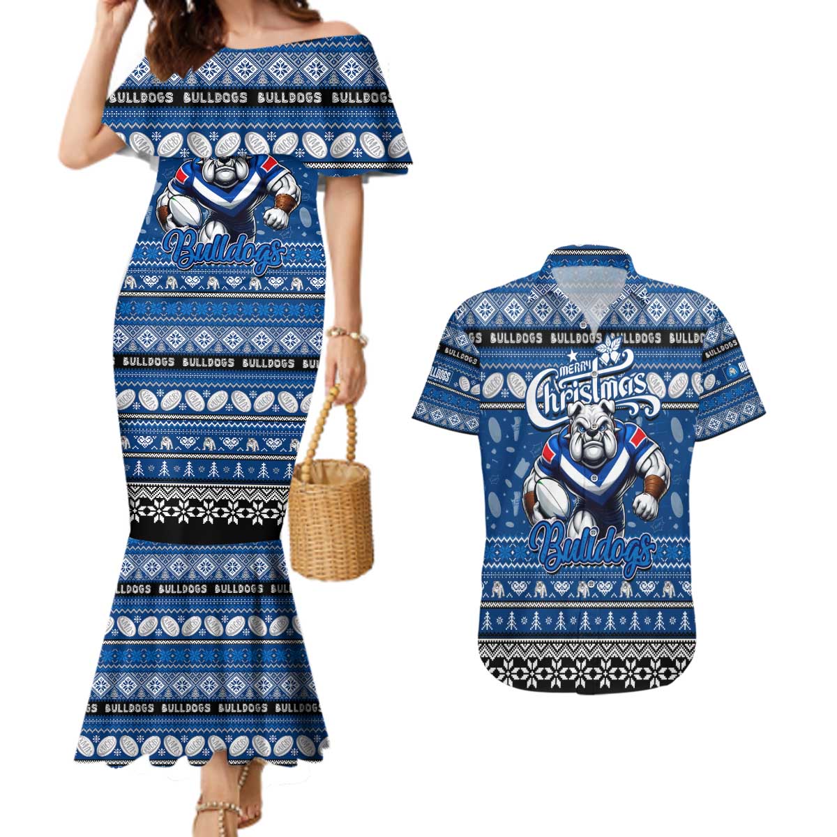Personalized Bulldogs Rugby Xmas Couples Matching Mermaid Dress and Hawaiian Shirt Australia NRL Mascot