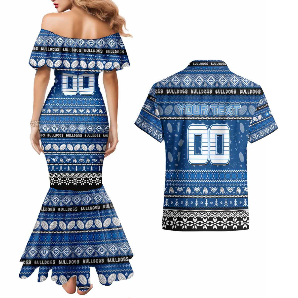 Personalized Bulldogs Rugby Xmas Couples Matching Mermaid Dress and Hawaiian Shirt Australia NRL Mascot
