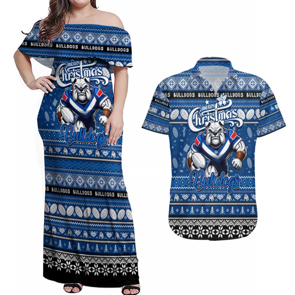 Personalized Bulldogs Rugby Xmas Couples Matching Off Shoulder Maxi Dress and Hawaiian Shirt Australia NRL Mascot