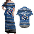 Personalized Bulldogs Rugby Xmas Couples Matching Off Shoulder Maxi Dress and Hawaiian Shirt Australia NRL Mascot