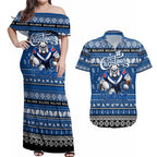 Personalized Bulldogs Rugby Xmas Couples Matching Off Shoulder Maxi Dress and Hawaiian Shirt Australia NRL Mascot