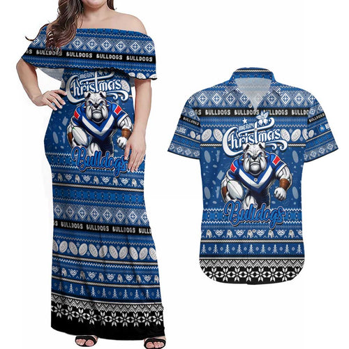 Personalized Bulldogs Rugby Xmas Couples Matching Off Shoulder Maxi Dress and Hawaiian Shirt Australia NRL Mascot