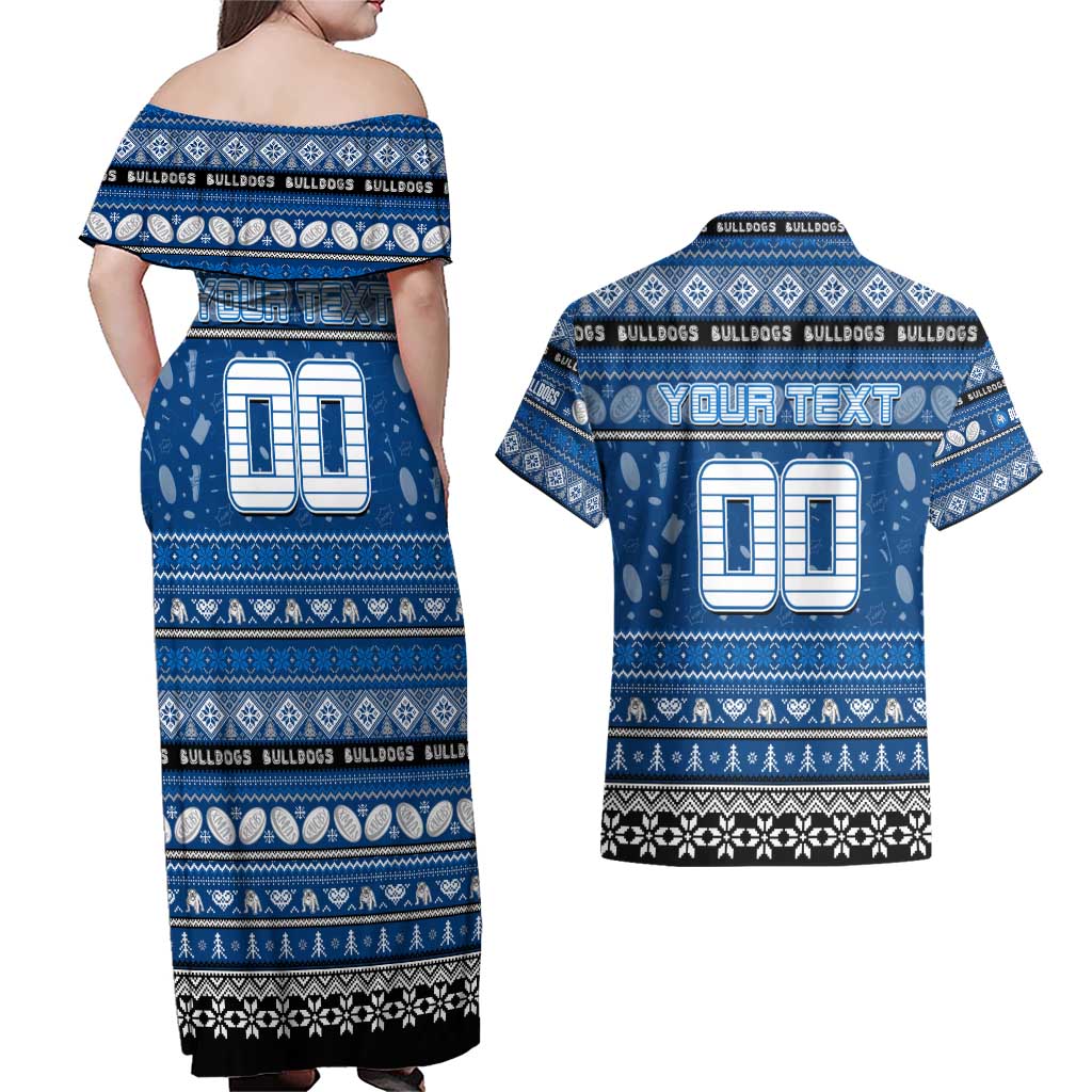 Personalized Bulldogs Rugby Xmas Couples Matching Off Shoulder Maxi Dress and Hawaiian Shirt Australia NRL Mascot