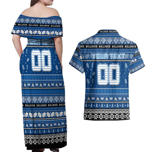 Personalized Bulldogs Rugby Xmas Couples Matching Off Shoulder Maxi Dress and Hawaiian Shirt Australia NRL Mascot