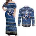 Personalized Bulldogs Rugby Xmas Couples Matching Off Shoulder Maxi Dress and Long Sleeve Button Shirt Australia NRL Mascot