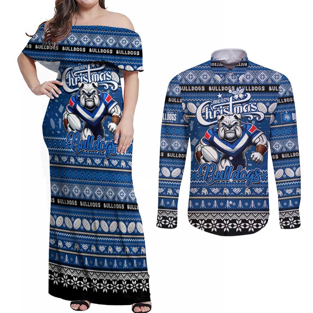 Personalized Bulldogs Rugby Xmas Couples Matching Off Shoulder Maxi Dress and Long Sleeve Button Shirt Australia NRL Mascot