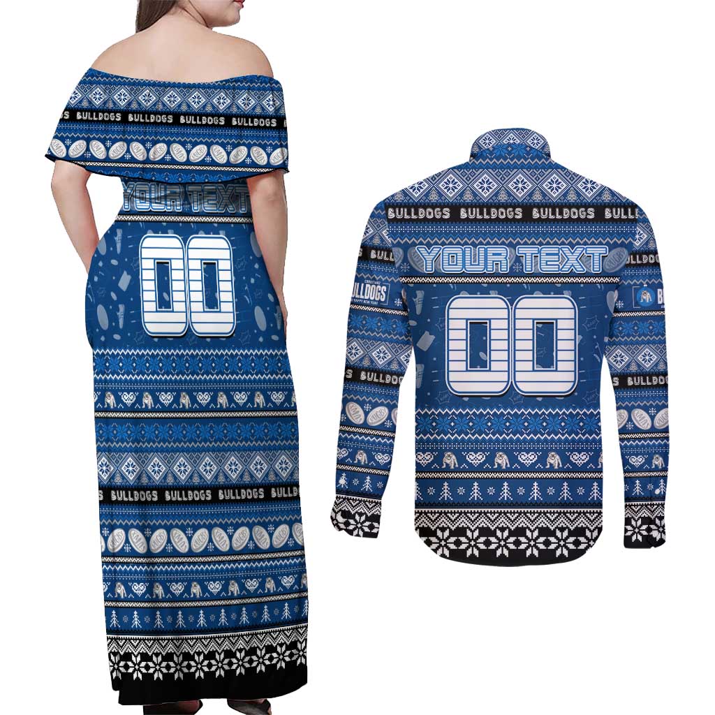 Personalized Bulldogs Rugby Xmas Couples Matching Off Shoulder Maxi Dress and Long Sleeve Button Shirt Australia NRL Mascot