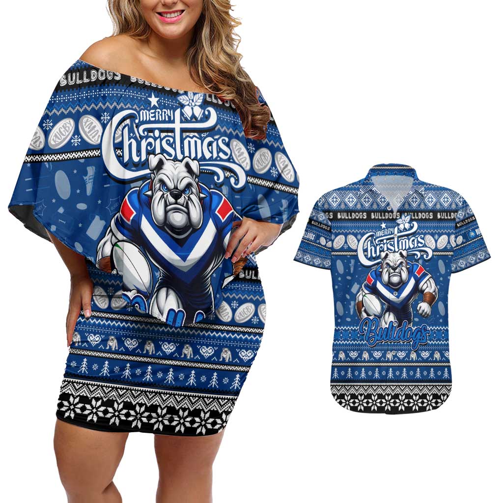 Personalized Bulldogs Rugby Xmas Couples Matching Off Shoulder Short Dress and Hawaiian Shirt Australia NRL Mascot