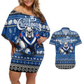 Personalized Bulldogs Rugby Xmas Couples Matching Off Shoulder Short Dress and Hawaiian Shirt Australia NRL Mascot