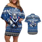 Personalized Bulldogs Rugby Xmas Couples Matching Off Shoulder Short Dress and Hawaiian Shirt Australia NRL Mascot
