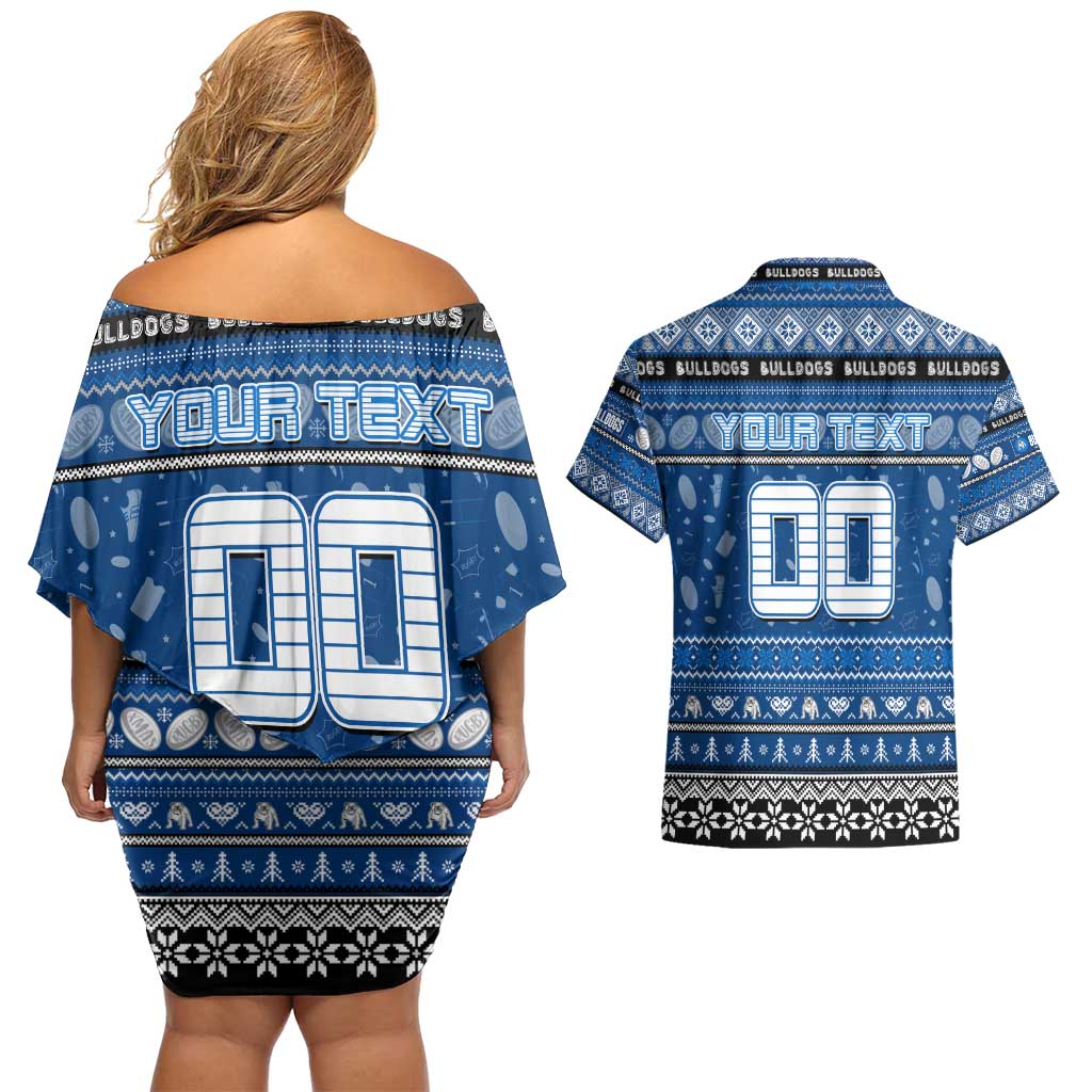 Personalized Bulldogs Rugby Xmas Couples Matching Off Shoulder Short Dress and Hawaiian Shirt Australia NRL Mascot